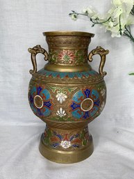 Antique Japanese Brass Decorated Enamel Urn, Vase, Vessel, Cloisonne Enamel