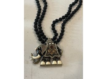 Heidi Daus 'Magic Mr. Elephant' Necklace Black 2 Strand Onyx Beads And Swarovski Amber Crystals