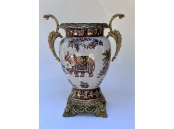 Asian Urn / Vase With Elephant Motif In Crackle Ceramic And Bonze