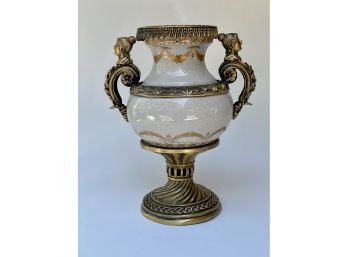 Ceramic, Gilt, And Bronze Vase With Female Heads On Each Handle