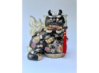 Asian Foo Dog In Black, Gold, And Flora Motif #1