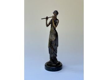 Bronze Lady Sculpture Playing Flute