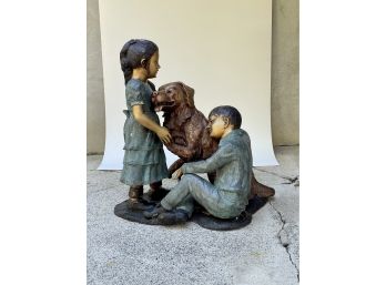 Large Bronze Sculpture Of Boy, Girl And Dog