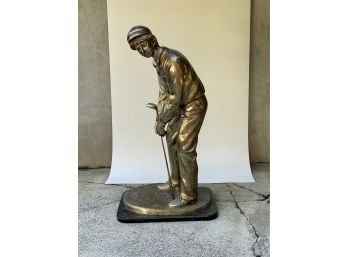 Large Polished Bronze Statue Of Boy Playin Golf - Signed