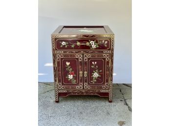 Chinese Red Lacquer End Table With Flower Motif