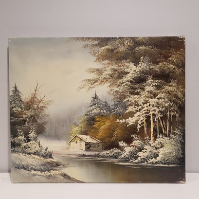 Oil Painting On Canvas 'winter Cabin By Lake'
