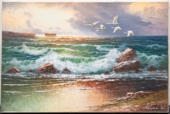 Large Seascape Original Oil 'Swans At Coast'