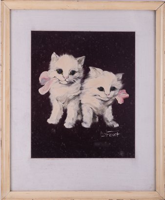 Vintage Art Deco Oil On Fabric 'White Kittens'