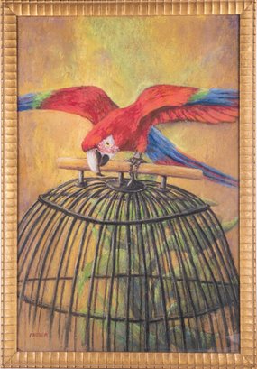 Vintage Impressionist Pastel On Paper 'My Pet Macaw'