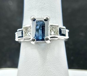 14K WG Natural Princess Cut Diamond&Sapphire Ring Size 6.25