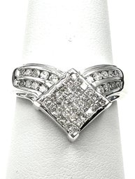 14K WG Natural Princess Cut & Round Diamond Ring Size 7