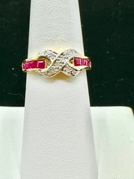 14KT YG Diamond & Princess Cut Ruby Ring Size 6.5