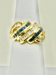 14KT YG Baguette Diamond Princess Cut Sapphire Ring Size 5.75