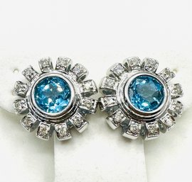 14KT White Gold Natural Diamond & Blue Topaz Earrings
