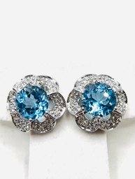 14KT Natural Diamond And Blue Topaz Earrings