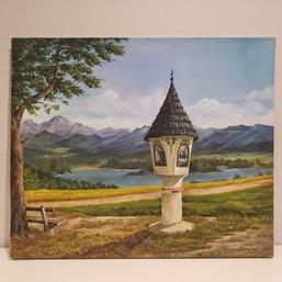 Vintage Oil Painting On Canvas 'religious Monument By Lake' Signed Dated 1968