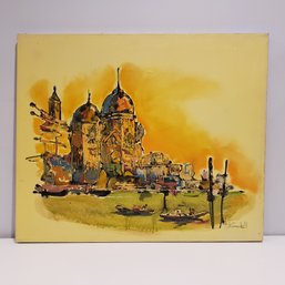 Oil Painting On Canvas ' Cityscape Harbor Scene With Rowboats'