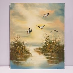 Oil Painting On Canvas ' Ducks Flying Over Lake'