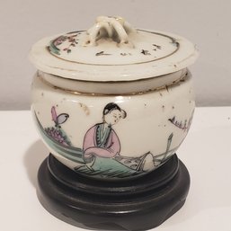 Antique Chinese Porcelain Jar With Wooden Base