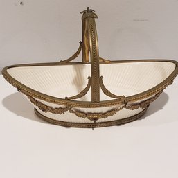 Vintage Porcelain Bowl Basket With Brass Handles