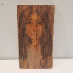 Pencil Drawing On Wood Portrait Of Woman