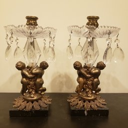 Pair Of Bronze Angel Cherub Decorated Lamps
