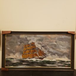 Vintage Oil Painting On Panel ' Ship Sailing At Sea' Seascape Signed Gebeau