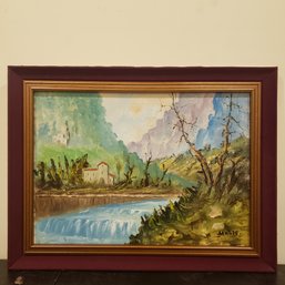 Oil Painting On Canvas 'house By The Waterfall' Signed Santoro