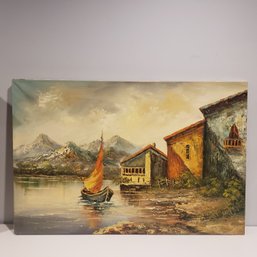 Oil Painting On Canvas 'village Harbor Scene'
