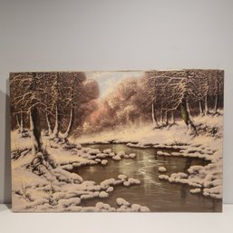 Oil Painting On Canvas 'winter Pond Scene' Signed Donde