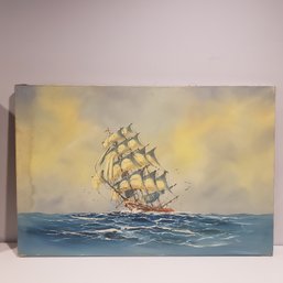 Oil Painting On Canvas 'sail Ship Out At Sea' Signed