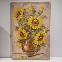 Oil Painting On Canvas 'sunflowers In Vase' Still Life Signed