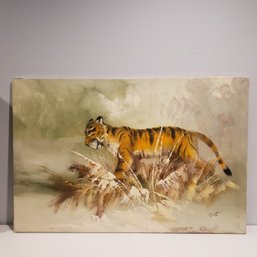 Oil Painting On Canvas 'tiger In The Snow' Signed