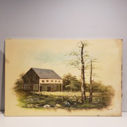 Oil Painting On Canvas 'barnhouse By The Woods' Signed Kirk