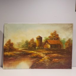 Oil Painting On Canvas 'farmhouse By The Lake' Signed