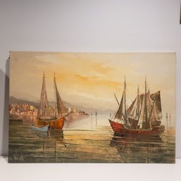 Oil Painting On Canvas 'sailboats By The Dock' Signed