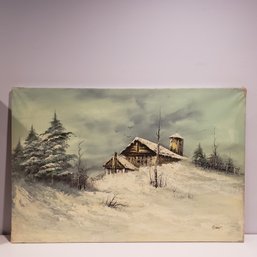 Oil Painting On Canvas 'winter Cabin Scene' Signed