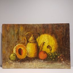 Oil Painting On Canvas Still Life 'fruits And Kettle' Signed