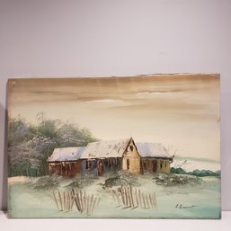 Oil Painting On Canvas 'winter Cabin' Signed