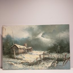 Oil Painting On Canvas 'winter Cabin At Night' Signed Rico