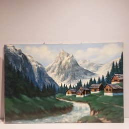 Oil Painting On Canvas 'village In The Mountains' Signed Rag
