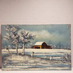 Oil Painting On Canvas 'winter Farm Scene' Signed