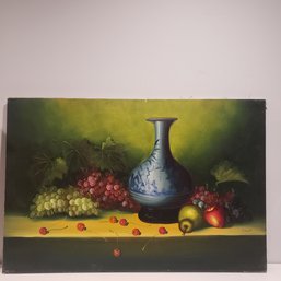 Oil Painting On Canvas 'still Life Fruits And Jar' Signed L. Grant