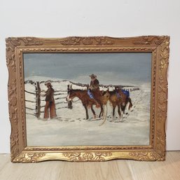 Oil Painting On Canvas Board ' Horse Ride During Winter'