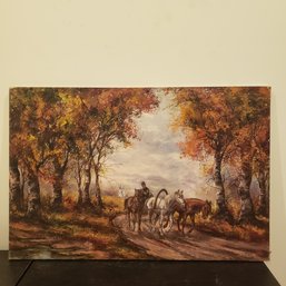 Vintage Oil Painting On Canvas ' Traveling Horse Carriage'