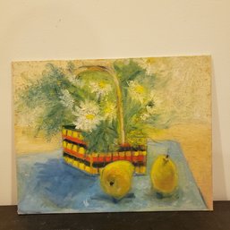 Oil Painting On Board ' Still Life Flowers And Lemons'