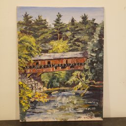 Vintgae Oil Painting Bridge Over River Landscape