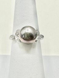 Natural Diamond And South Sea Pearl Ring In 14KT WG Size 7