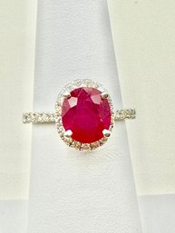 Natural Diamond And Ruby Halo Ring In 14KT WG Size 6