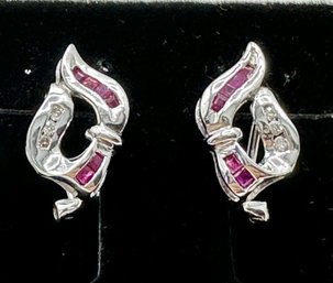 14KT White Gold Princess Cut Ruby And Diamond Earrings